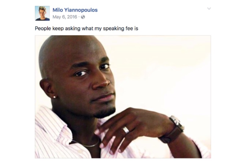 Milo Yiannopoulos Facebook post sceenshot