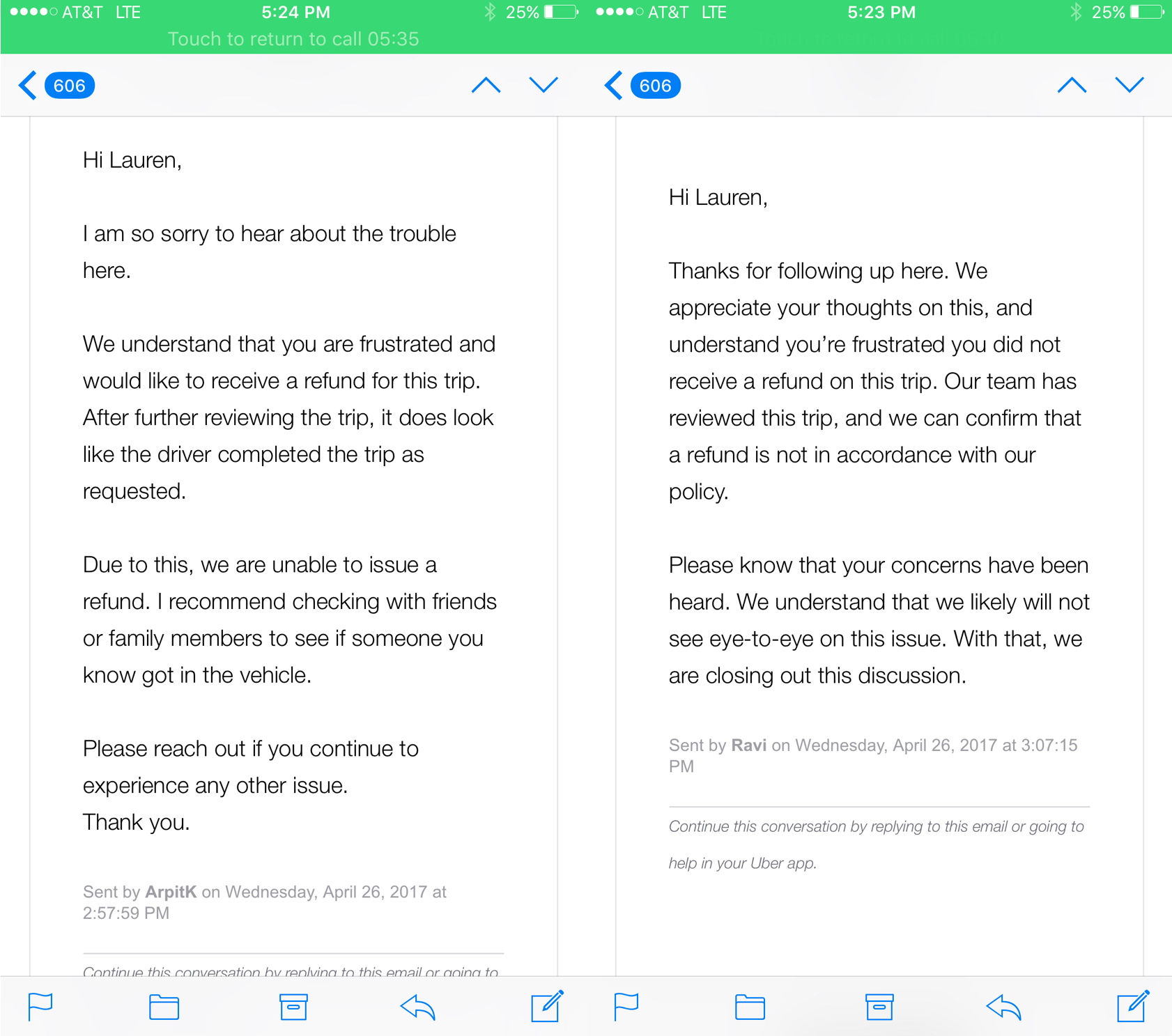 Uber's responses to Lauren Hernandes