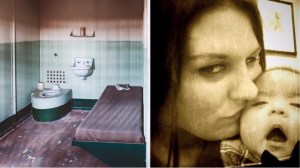 Split image of jail cell and woman with baby.