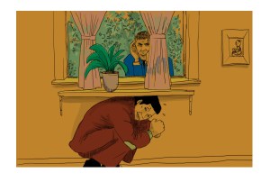 illustratie van twee mannen. Een man zit gebukt onder zijn kozijn, terwijl de tweede man naar binnen probeert te kijken.