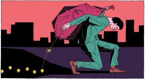 illustratie van man in groen pak met een zak waar een gat in zit.