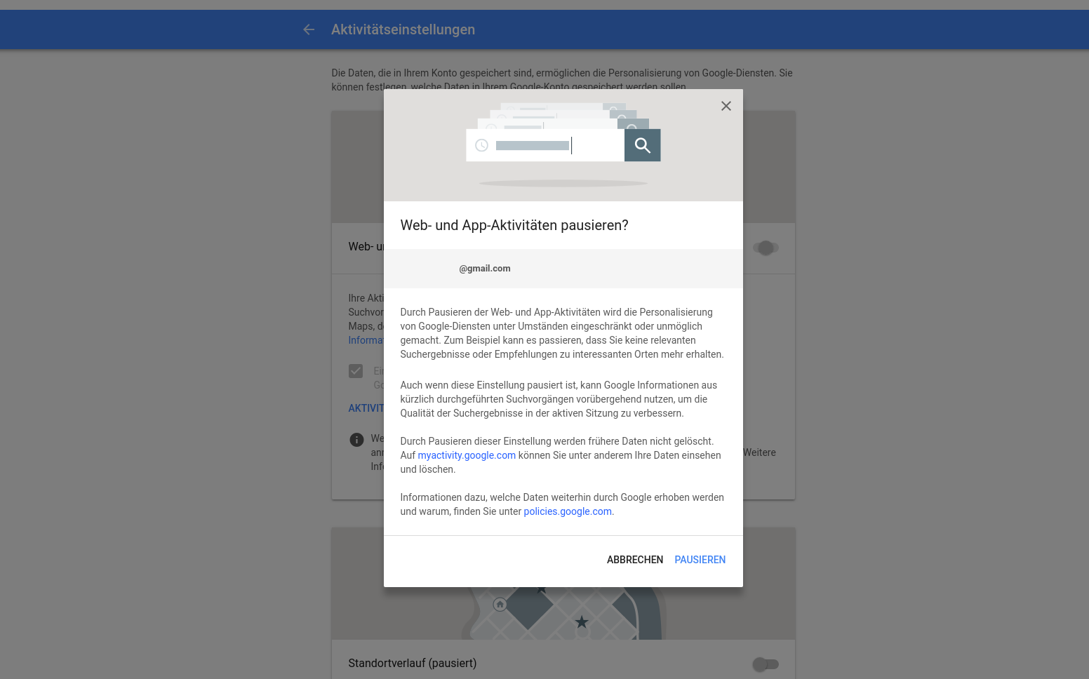 Warnhinweis, wenn man das Tracking ausstellen will