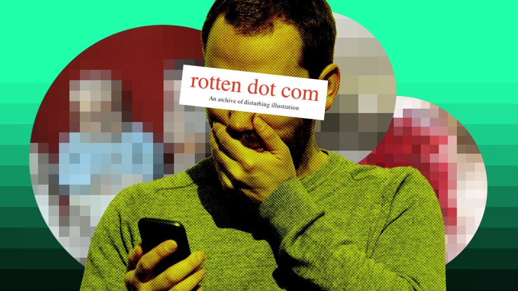 Collage mit Bildern von Rotten.com und einem geschockten Mann.