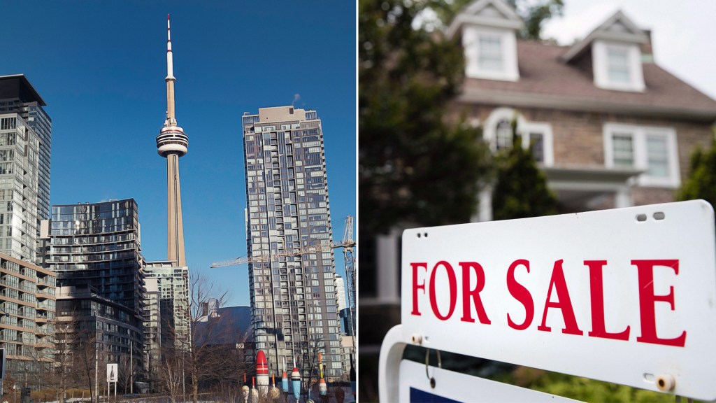 Image of toronto's CN Tower admid condos, and image of for sale sign.
