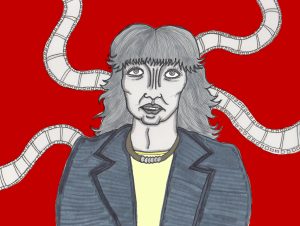 Tekening van Mady Saks tegen rode achtergrond