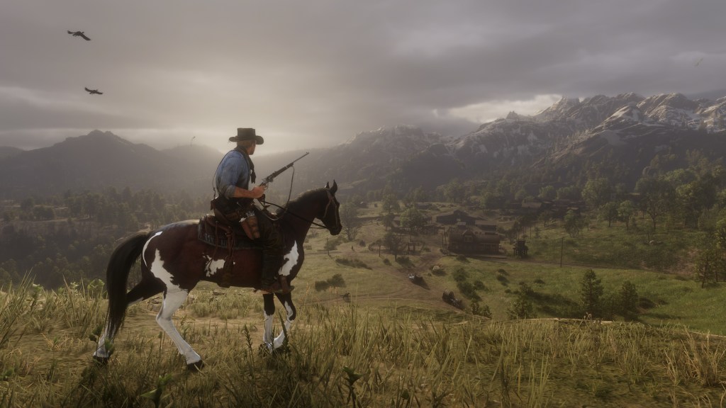 Arthur Morgan sits a horse and brandishes a carbine as he looks down from his grassy hilltop at the valley that divides him from the distant mountains while a darkening sky above gives lie to all the false promises of this scene and his hopes for the fut