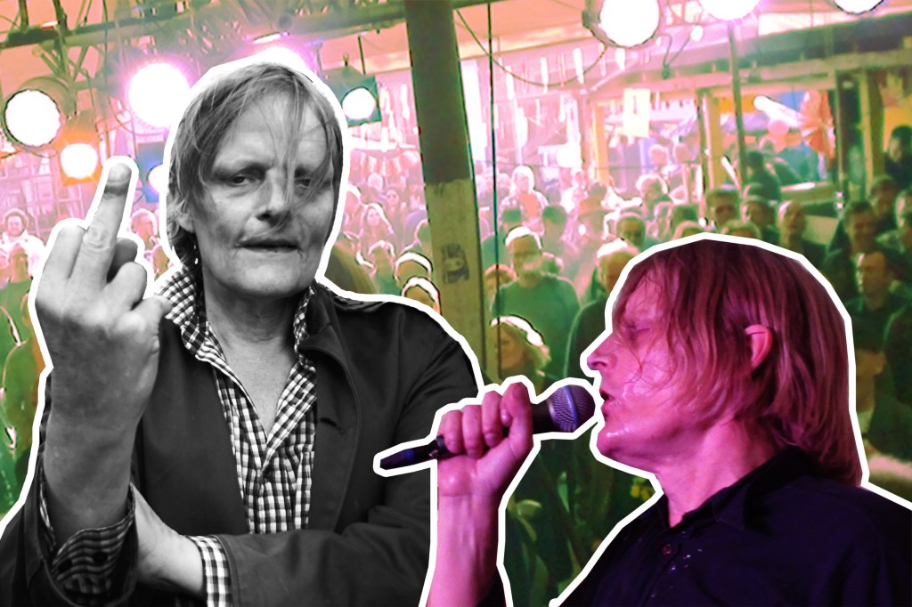 Collage af punkikon Fritz Fatal med mikrofon og et andet, hvor han giver finger.