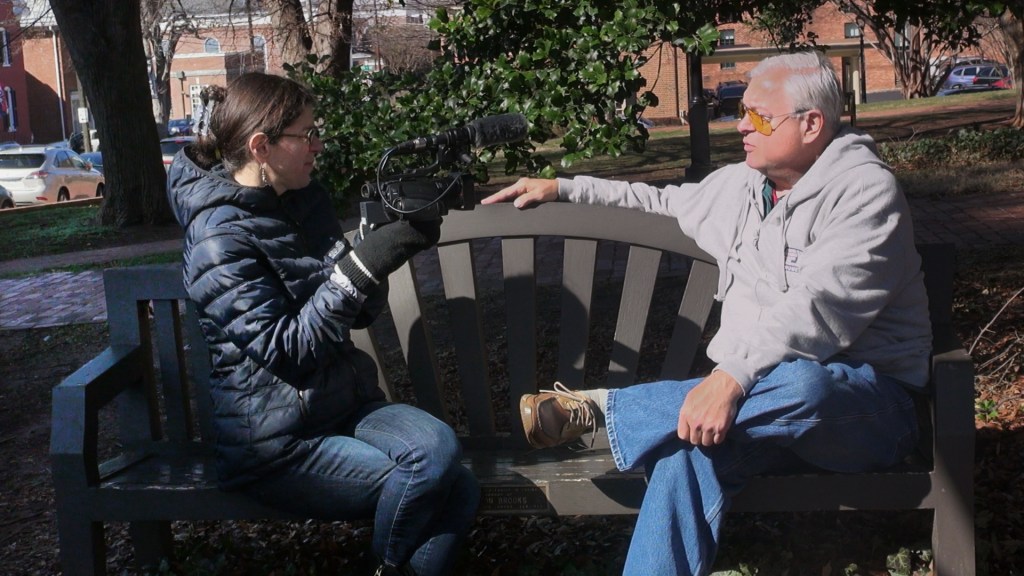 Alexandra Pelosi (left) interviews Barry Isenhower (right) in Charlotteseville, Virginia. Courtesy of HBO