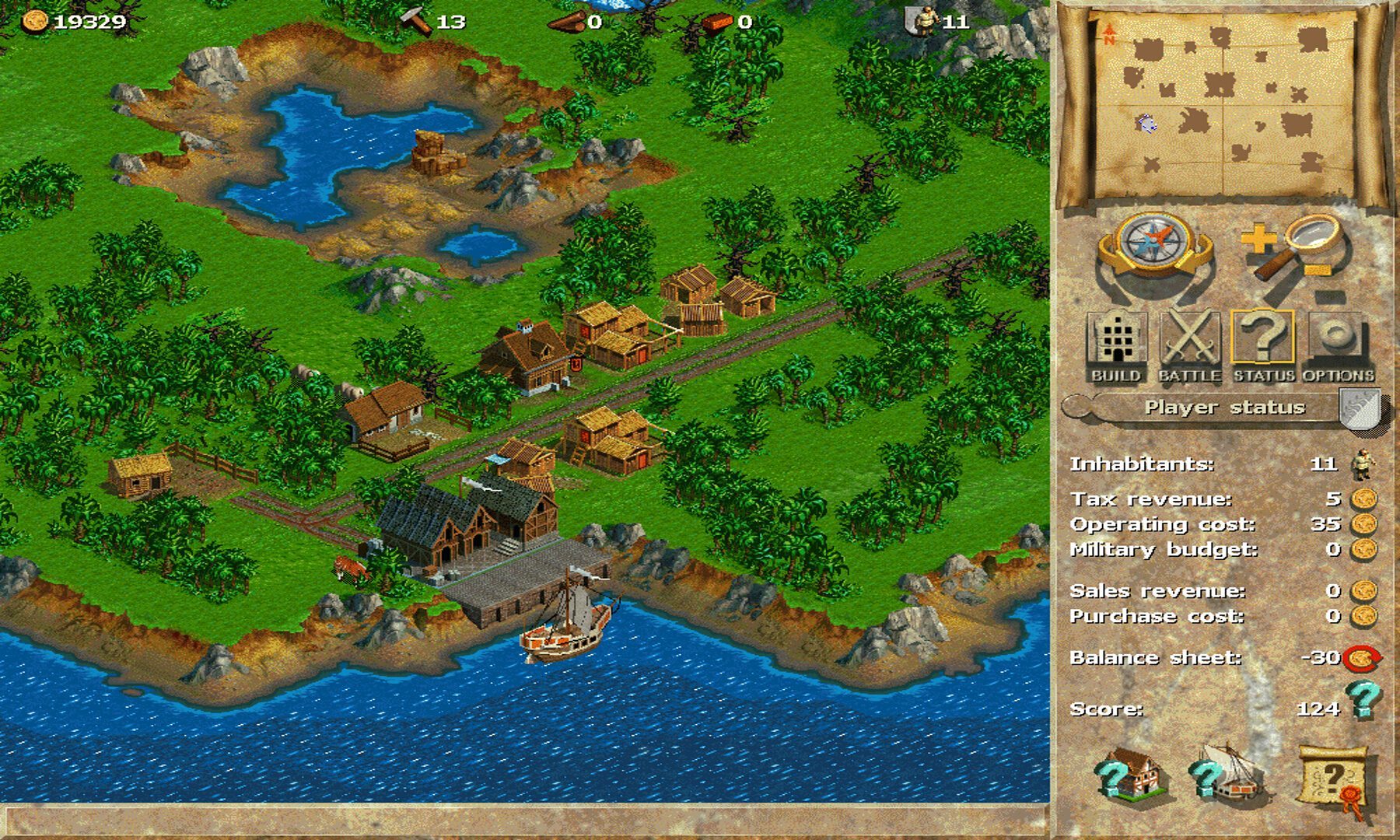 Ein Screenshot aus Anno 1602. Zu sehen ist eine Siedlung im Anfangsstadium, es gibt nur Holzhütten.