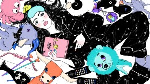 A woman laying in pajamas among zodiac-themed stuffed animals.