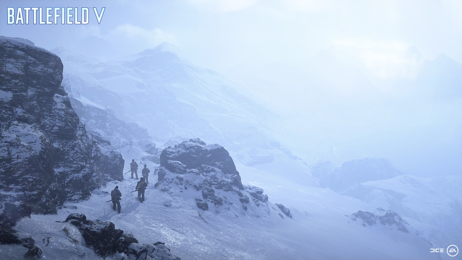 A squad of soldiers walk up a snowy mountain pass in a blizzard.