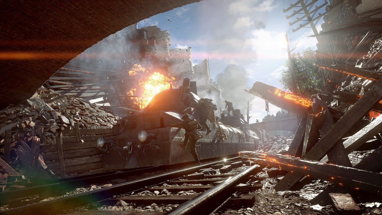 An armored train plunges ahead into a tunnel in Battlefield 1