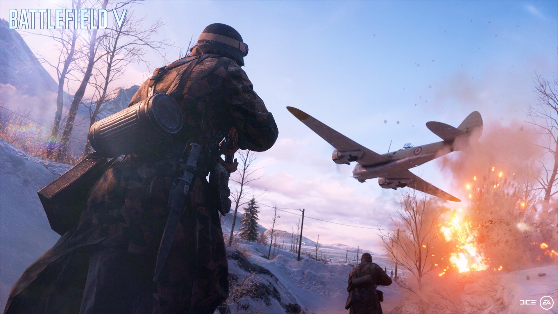A bomber flies low over a soldier's head on a snowbound battlefield, chased by a trail of explosions in its wake.