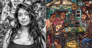 Links: Raquel van Haver. Foto: Martijn van Nieuwenhuyzen. Rechts: detail uit Change the Rhythm of the Dancehall… It’s Still the Same Groove. Foto: Wim Hanenberg.