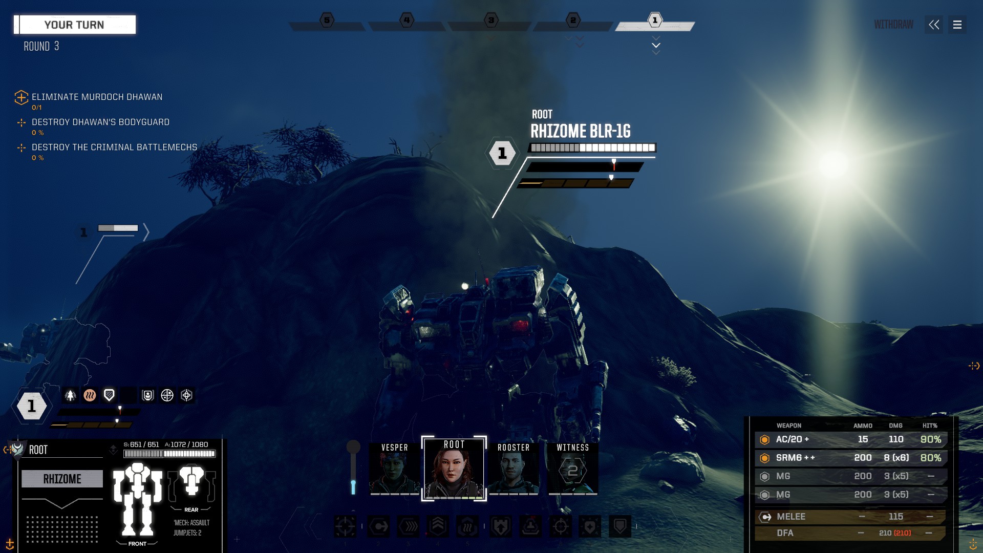 A tall combat robot is framed against a dark evening sky with a dim, distant sun far above.