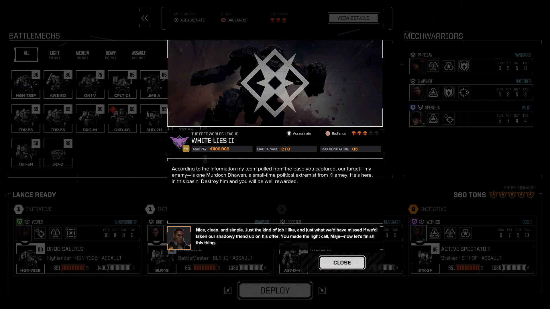 A mission screen from BattleTech featuring contract terms and a character's gloss on the misson briefing.