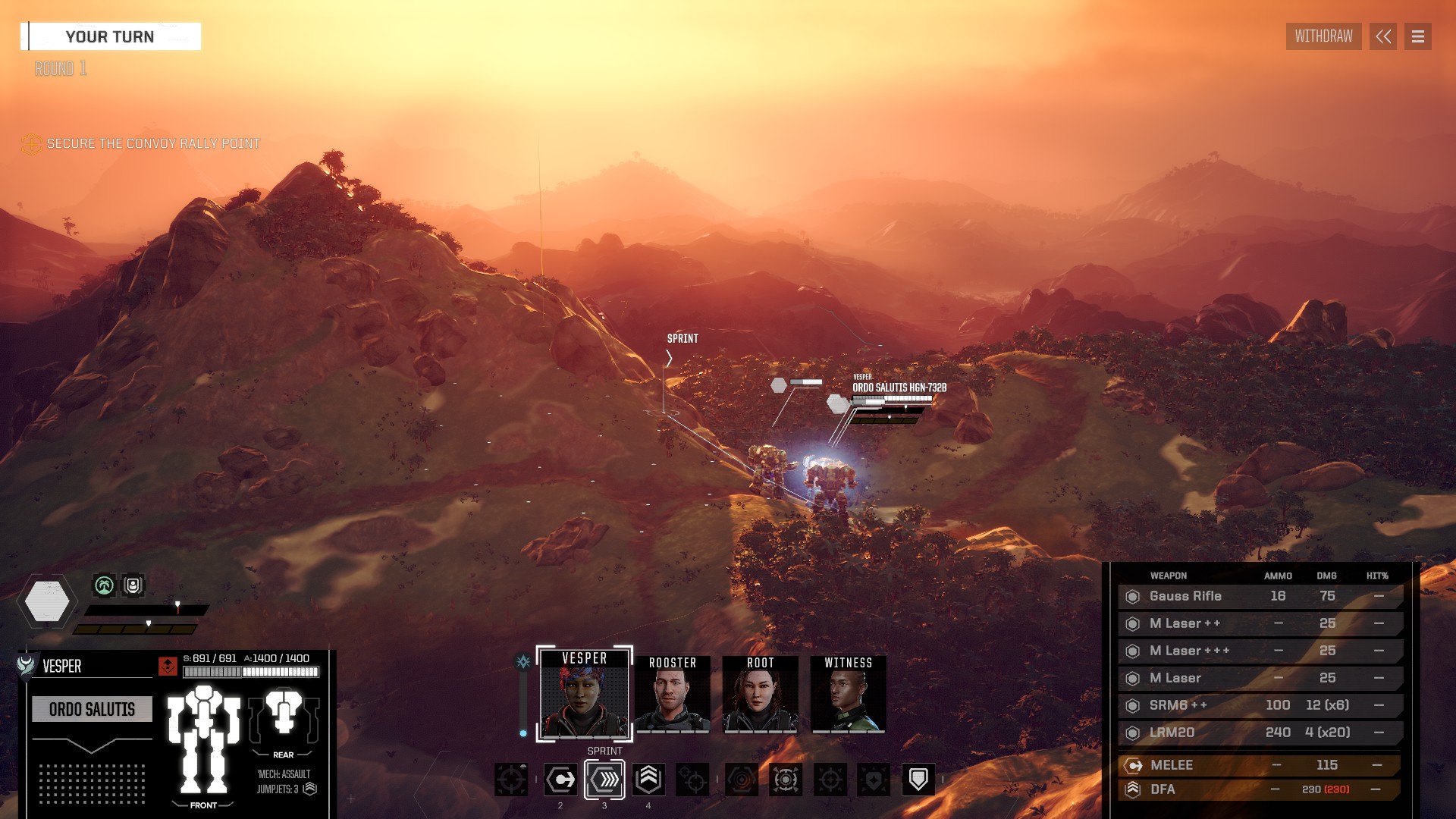 A beautiful sunset frames a lance of BattleMechs moving out across a mountainside.