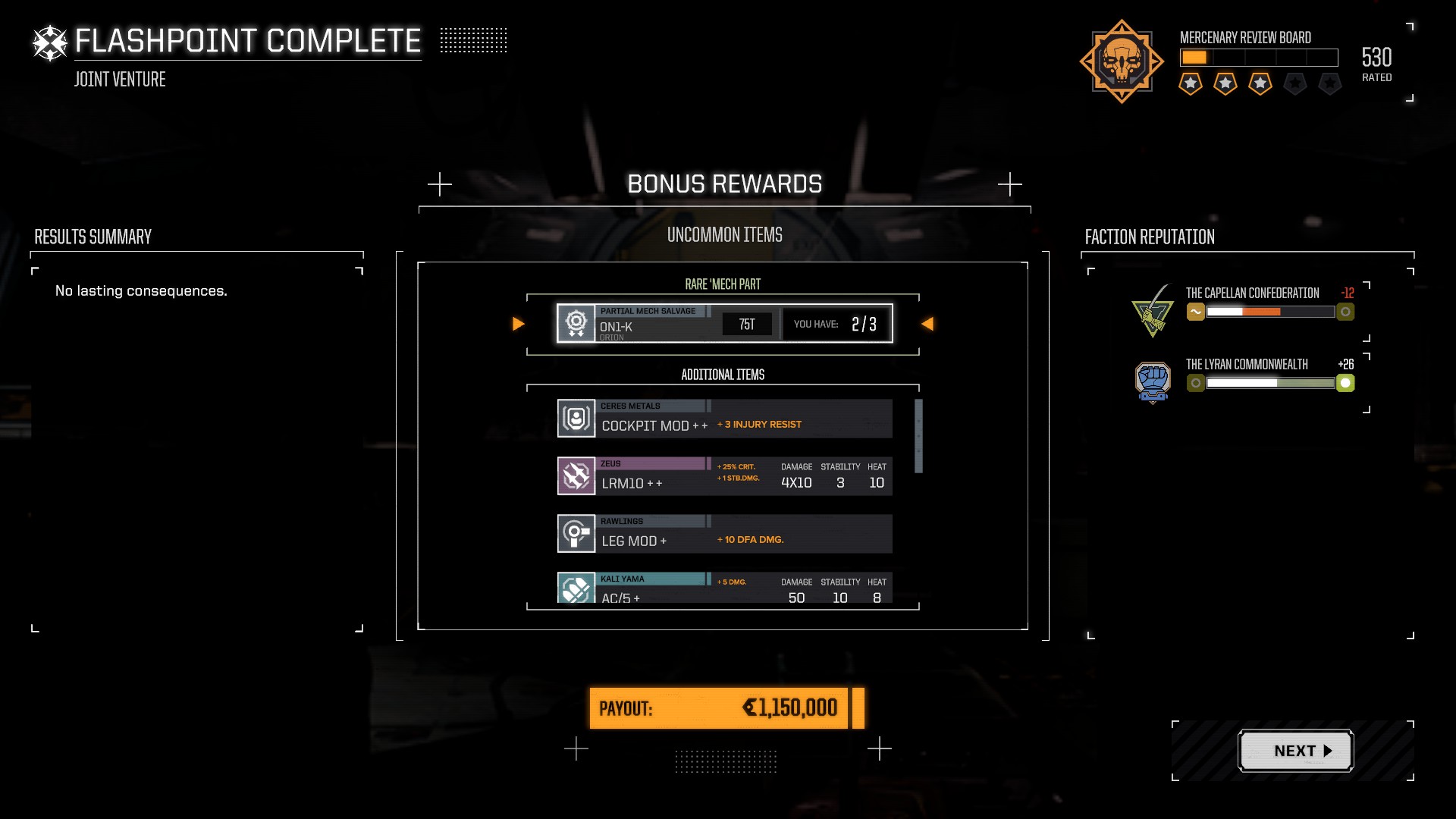 A mission reward screen showing rare components being delivered