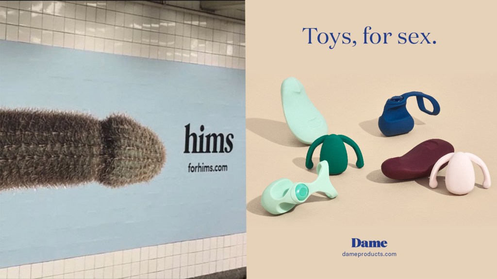 hims ad of phallic cactus next to dame ad of scattered sex toys