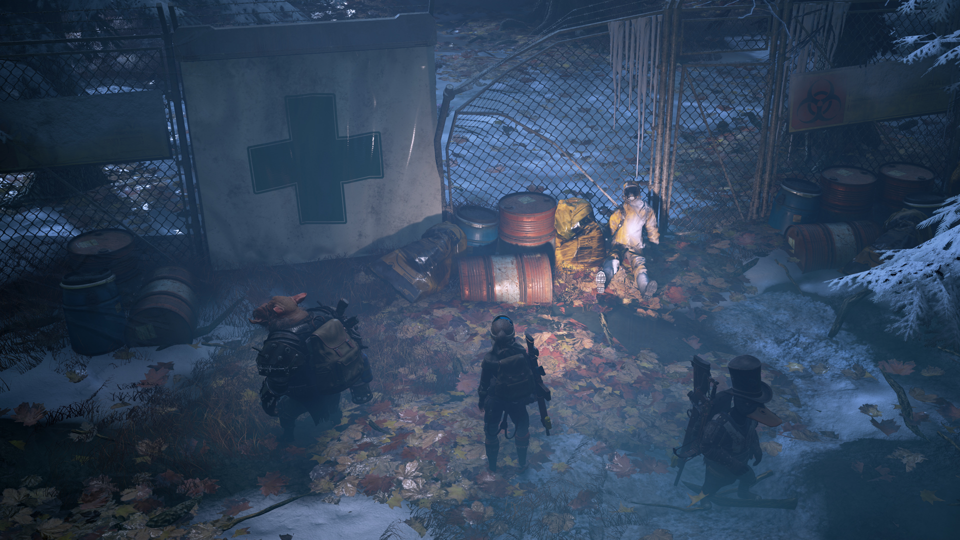 The scouts of Mutant Year Zero find an abandoned body in the post apocalyptic wastes.