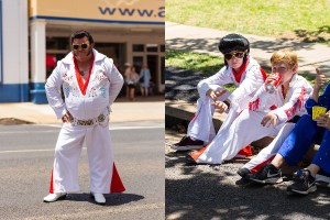 A man and some kids dressing up as Elvis at the Parkes Elvis Festival in Australia