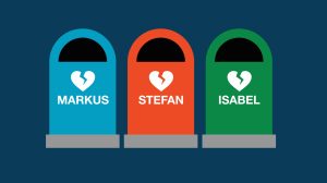 Drei Mülltonnen mit gebrochenen Herzen und den Namen Markus, Stefan und Isabel