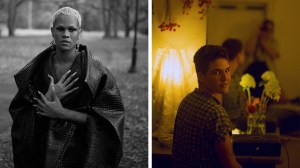 Two images: One person gently holding their chest and another sitting in front of a mirror looking back.