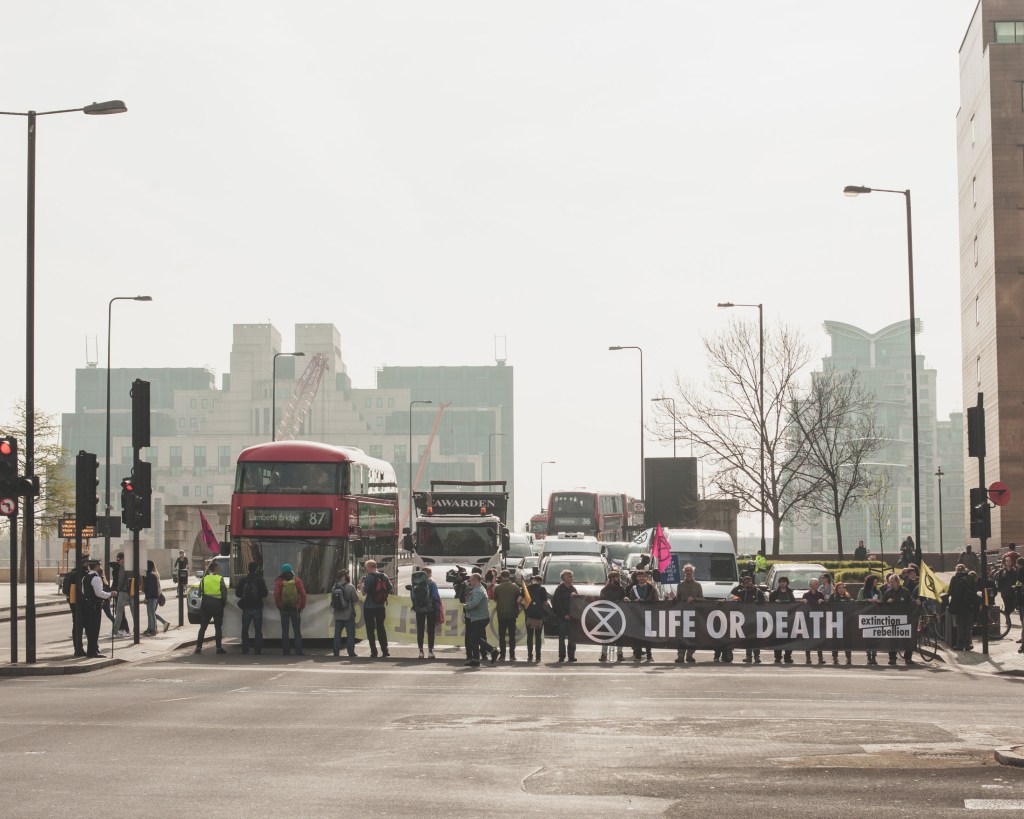 Extinction Rebellion blocking Vauxhall bridge in London in April