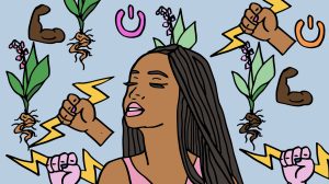 Vrouw met plantjes en bliksemschichten om haar heen