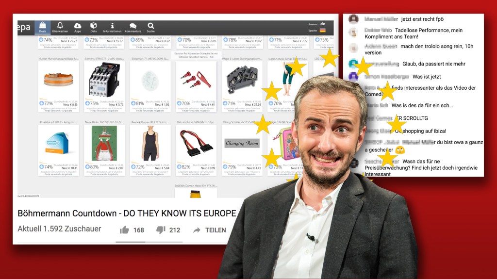 Jan Böhmermann vor dem Screenshot eines YouTube-Livestreams