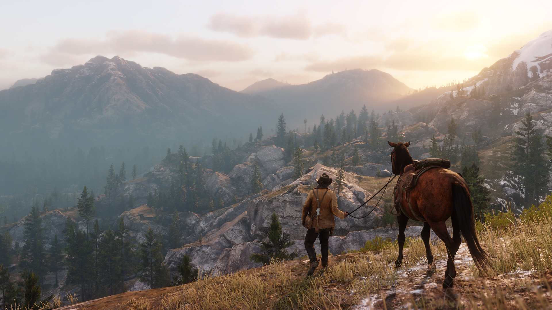 Arthur Morgan and his horse overlook a hyper-realistic valley in 'Red Dead Redemption 2'