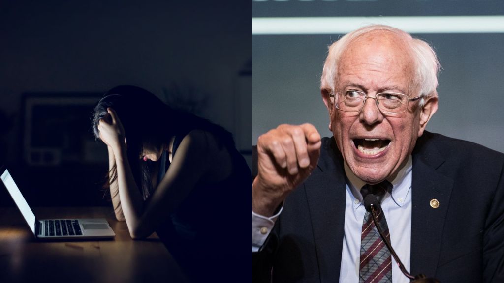 A splitscreen of a stressed young woman and Bernie Sanders