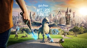 Promotional image for Wizards Unite, a person holding a glowing wand stands facing a variety magical items and creatures, including a Hippogriff, spread out in a park with a city in the background.