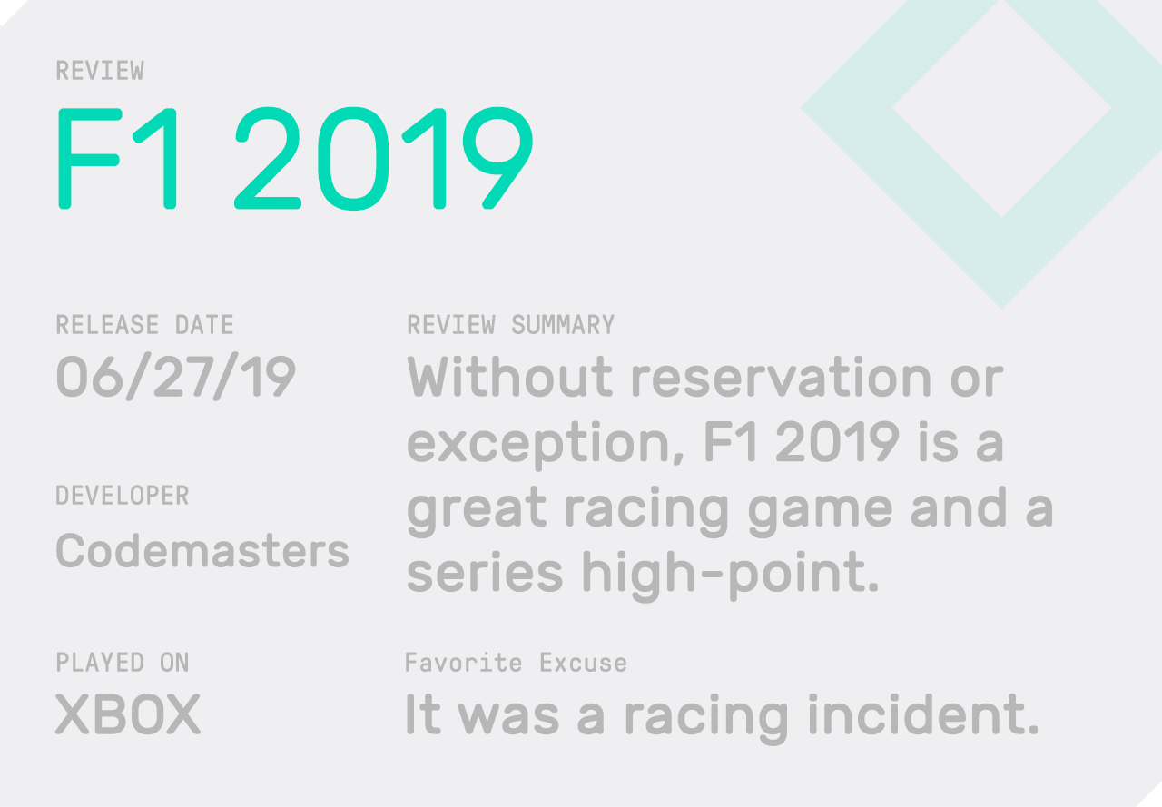 The review summary for F1 2019, which notes that calling something