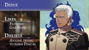 Illustration with text from Fire Emblem: Three Houses. On the right half of the image there's the text "Dedue," "Likes: Flowers, Gardening" "Dislikes: Anyone trying to harm Dimitri." On the right side, an illustration of Dedue, a man with dark skin, white