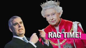 Prince Andrew cowers in fear next to a stern Queen Elizabeth