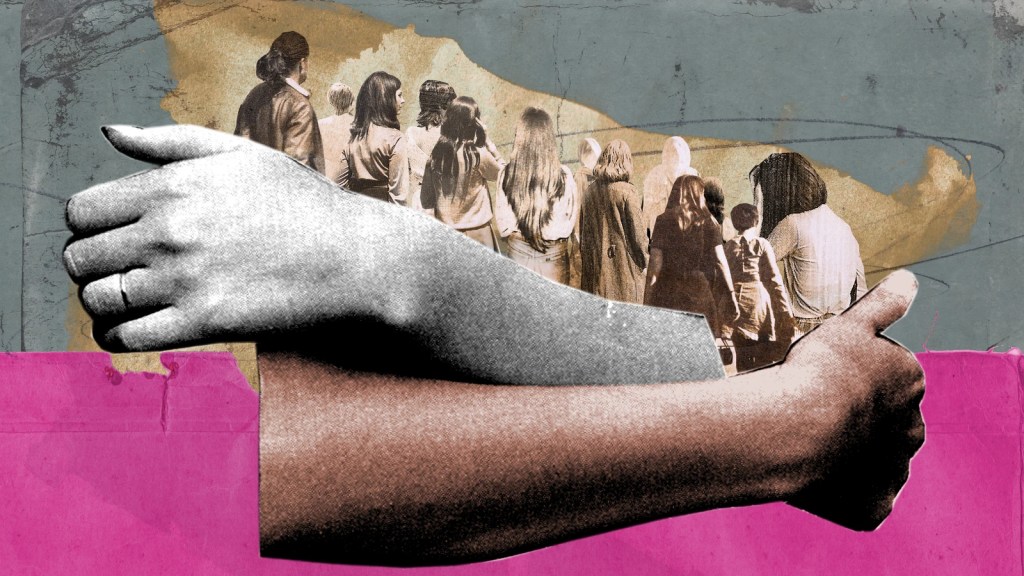 a collage of two arms holding women