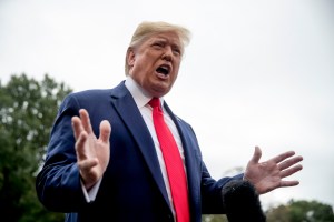 President Donald Trump speaks to the media on the South Lawn of the White House in Washington.