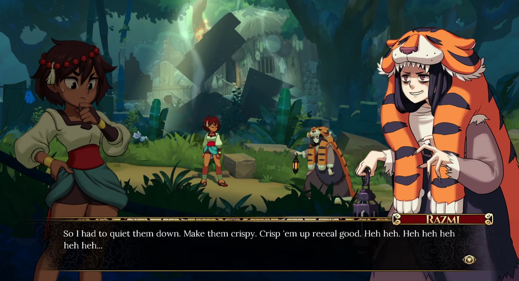 Screenshot from Indivisible, On the left, our main character Ajna, who has brown skin and brown hair, wearing a dress that's been tied up to her waist for extra mobility, on the right is Razmi, with light complexion and black hair, and deep bags under her eyes. She's wearing a tiger skin on her head and draped over her back and arms, with a dark colored dress underneath. There's a dialogue box that reads
