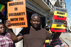 Activists and campaigners stage a pro-LGBTQ protest outside the Commonwealth HQ