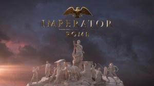 Imperator Rome key art, a series of marble statues of warriors fighting, the wolf creation myth of rome, and sentaors arguing, all surround one Emperor that towers over them.
