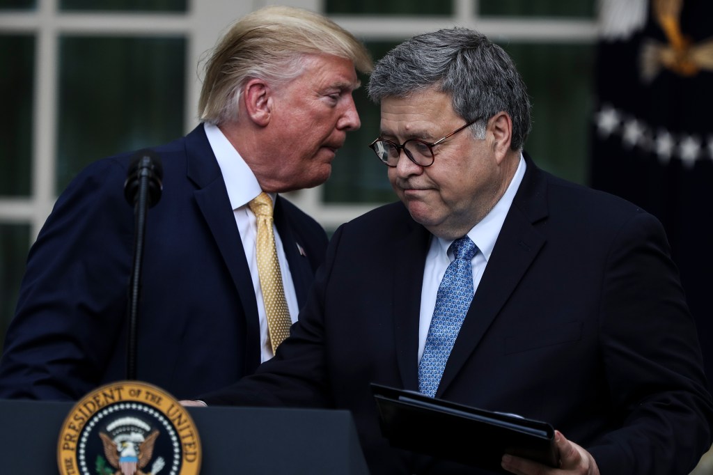 President Donald Trump and Attorney General Bill Barr announce the Trump administration's effort to gain citizenship data during the 2020 census at an event in the Rose Garden of the White House on July 11, 2019 in Washington, DC. (Photo by Oliver Contrer