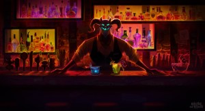 Key art from Afterparty, A demon with curved horns and glowing blue eyes and mouth stands behind a bar, various bottles behind him. Two drinks are in front of him, one blue and one yellow.