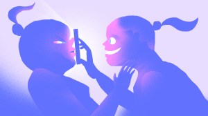 Illustration of child-like figures, one shoving their phone in the other's face while grinning madly