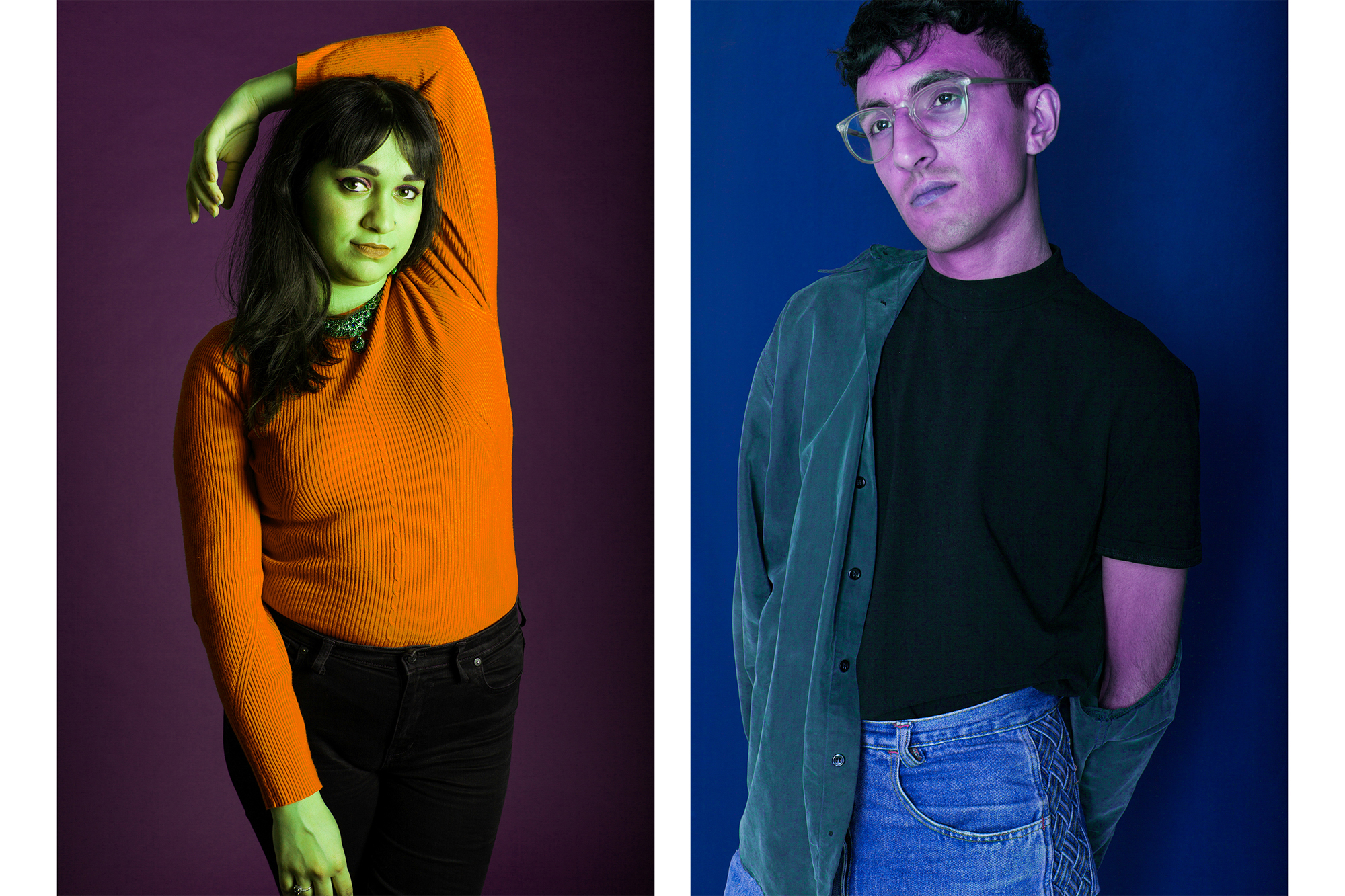 Zwei junge stylische Menschen in Orange-Grün und Violett-Schwarz