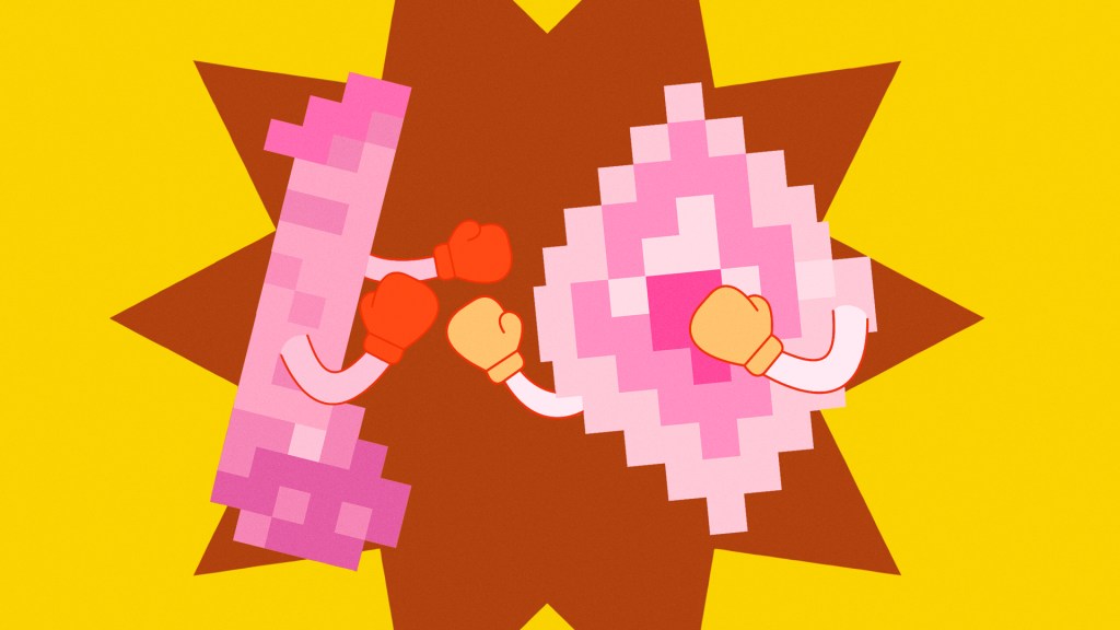 A pixelated penis and vagina face off wearing boxing gloves