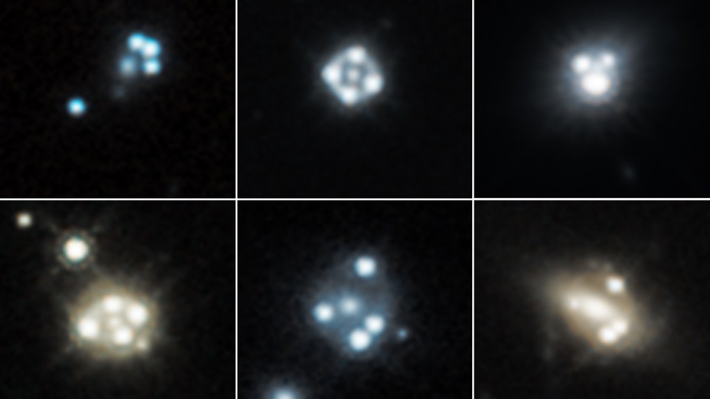 Images of a background quasar distorted by a foreground galaxy. Image: NASA/ESA/A. Nierenberg, T. Treu