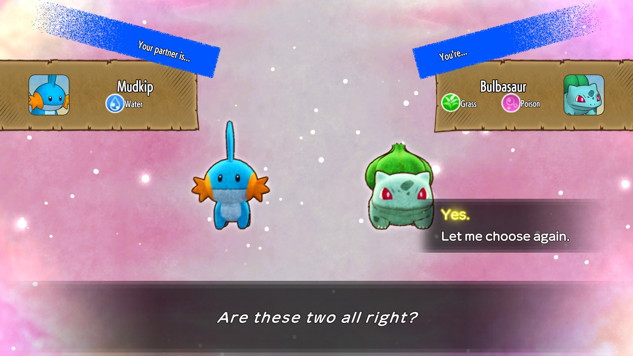 Screenshot from Pokemon Mystery Dungeon Rescue Team DX, Bulbasaur and Mudkip stand side by side, under them a text box reads