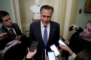 Sen. Mitt Romney (R-UT) talks to reporters before heading into the weekly Senate Republican policy luncheon at the U.S. Capitol January 21, 2020 in Washington, DC.