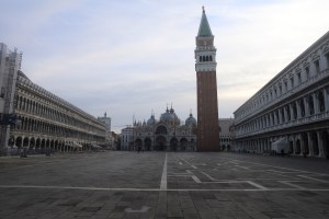 A completely empty San Marco Square is seen on March 9, 2020 in Venice, Italy.